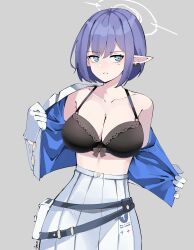 Rule 34 | 1girl, absurdres, aoi (blue archive), belt, black bow, blue archive, blue eyes, bow, breasts, cleavage, clenched teeth, collarbone, ear piercing, gar32, gloves, halo, high-waist pants, highres, large breasts, long sleeves, looking at viewer, mole, mole under eye, open mouth, pants, piercing, pointy ears, pouch, purple hair, shirt, short hair, sidelocks, skirt, solo, teeth, undressing, upper body, white gloves, white pants, white skirt