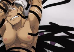 Rule 34 | 1boy, abs, angry, armpits, arms up, clenched teeth, covered erect nipples, dark skin, fullmetal alchemist, grey hair, imminent rape, male focus, molestation, multicolored hair, muscular, nipples, pectorals, pectorals, purple eyes, red eyes, restrained, scar, scar (fma), short hair, slit pupils, solo, spoilers, sweat, tan, tattoo, teeth, tentacles, tentacles on male, topless male, two-tone hair, white hair