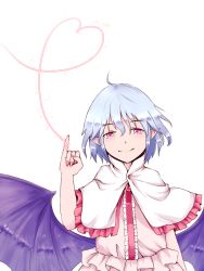 Rule 34 | 1girl, bat wings, brooch, capelet, dress, frilled dress, frills, heart, heart of string, highres, hiyashi mikan, jewelry, looking at viewer, no headwear, no headwear, pointy ears, purple dress, purple hair, red eyes, remilia scarlet, short sleeves, slit pupils, smile, solo, string, string of fate, touhou, upper body, wings