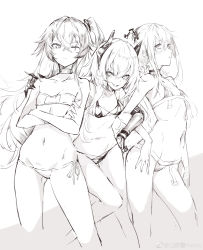 Rule 34 | 3girls, absurdres, bikini, black bikini, blush, breasts, choker, contrapposto, cowboy shot, cross-laced bikini, cross-laced clothes, cross-laced top, crossed arms, eyepatch bikini, fang, flat chest, from side, girl sandwich, girls&#039; frontline, gluteal fold, greyscale, hair between eyes, hand on another&#039;s shoulder, hand on own hip, headgear, highres, locked arms, long hair, m4 sopmod ii (girls&#039; frontline), mechanical arms, monochrome, multiple girls, navel, one eye closed, one side up, parted lips, prosthesis, prosthetic arm, sandwiched, scar, scar across eye, scar on face, shanyao jiang tororo, side-tie bikini bottom, sidelocks, simple background, single mechanical arm, small breasts, st ar-15 (girls&#039; frontline), string bikini, swimsuit, ump45 (girls&#039; frontline)