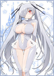 1girl absurdres armpit_cutout blush bodysuit breasts cinderella_(nikke) cleavage cleavage_cutout clothing_cutout earth_ekami gloves goddess_of_victory:_nikke grey_bodysuit hair_over_one_eye highres large_breasts leg_cutout long_hair looking_at_viewer navel navel_cutout one_eye_covered red_eyes see-through_bodysuit see-through_clothes see-through_skirt shiny_eyes skirt smile solo stomach_cutout twintails very_long_hair white_hair