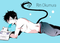 Rule 34 | 1boy, ao no exorcist, black hair, blue hair, male focus, muscular, okumura rin, pointy ears, popsicle, topless male, solo, tagme, tail