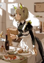 Rule 34 | 1girl, akira12504, alternate costume, animal ear fluff, animal ears, apron, arknights, black dress, blurry, blurry background, bottle, breasts, brown eyes, brown hair, depth of field, dress, enmaided, food, fork, frilled apron, frills, highres, holding, holding fork, indoors, juliet sleeves, kal&#039;tsit (arknights), long sleeves, looking at viewer, maid, medium breasts, parted lips, plate, puffy sleeves, sketch, solo, table, white apron, wine bottle