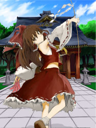 Rule 34 | bow, brown eyes, brown hair, detached sleeves, gohei, hair bow, hair tubes, hakurei reimu, hakurei shrine, japanese clothes, long hair, looking at viewer, miko, nontraditional miko, ofuda, outdoors, outstretched arms, red bow, ribbon-trimmed sleeves, ribbon trim, shrine, shuucream (syuichi), sidelocks, sketch, solo, talisman, touhou, wide sleeves, yellow neckwear