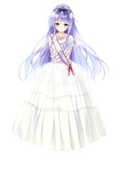 Rule 34 | 1girl, arms behind back, blush, breasts, crown, dress, game cg, golden marriage, hair ribbon, hayakawa harui, highres, jewelry, long hair, looking at viewer, marika von wittelsbach, necklace, purple hair, red eyes, ribbon, simple background, small breasts, smile, solo, standing