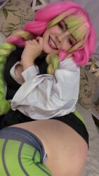 Rule 34 | 1girl, animated, audible music, brazilian (nationality), breasts, cleavage, cosplay, dudabweber, female focus, green eyes, green hair, highres, indoors, kanroji mitsuri, kanroji mitsuri (cosplay), kimetsu no yaiba, long hair, looking at viewer, medium breasts, multicolored hair, photo (medium), pink hair, real life, solo, sound, video