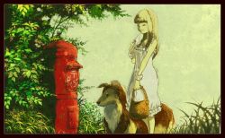 Rule 34 | 1girl, basket, blonde hair, blunt bangs, braid, closed eyes, dog, dress, feet out of frame, holding, holding basket, holding letter, japanese cylindrical postbox, leaf, letter, long hair, original, plant, postbox (outgoing mail), smile, solo, standing, tree, white dress, yumeko (yumeyana g)