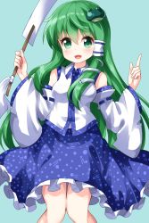 Rule 34 | 1girl, arm up, bare shoulders, blue background, blue skirt, blush, breasts, cowboy shot, detached sleeves, frilled skirt, frills, frog hair ornament, gohei, green eyes, green hair, hair between eyes, hair ornament, hair tubes, highres, index finger raised, knees together feet apart, kochiya sanae, legs together, long hair, looking at viewer, nontraditional miko, oonusa, open mouth, ruu (tksymkw), sidelocks, simple background, skirt, small breasts, snake hair ornament, solo, touhou, very long hair, vest, white vest