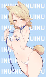 Rule 34 | 1girl, animal collar, animal ears, bad id, bad pixiv id, bare arms, bare shoulders, bikini, blue background, blue collar, blush, brown eyes, closed mouth, collar, commentary request, dog ears, dog girl, dog tail, holding, holding leash, idolmaster, idolmaster cinderella girls, leash, light brown hair, long hair, looking away, looking to the side, morikubo nono, navel, ringlets, solo, sweat, swimsuit, tail, uccow, white bikini