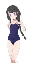 1girl absurdres aged_down bare_arms bare_legs bare_shoulders black_hair blue_one-piece_swimsuit braid braided_ponytail breasts camui1104 closed_mouth covered_navel elsa_granhilte feet_out_of_frame hair_over_shoulder hands_up head_tilt highres light_blush long_hair looking_at_viewer mole mole_under_eye one-piece_swimsuit purple_eyes re:zero_kara_hajimeru_isekai_seikatsu school_swimsuit sidelocks simple_background small_breasts solo standing strap_pull swept_bangs swimsuit white_background