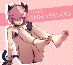 Rule 34 | 1girl, absurdres, anal tail, animal ears, animal hands, anklet, anniversary, bare legs, barefoot, bell, bikini, black bikini, black nails, bow, breasts, butt plug, cat ears, choker, commentary, english commentary, english text, fake animal ears, fake tail, feet, foreshortening, full body, gloves, hair bow, hair over one eye, highres, jewelry, k-rha&#039;s, micro bikini, nail polish, neck bell, original, patterned background, paw gloves, pink background, pink eyes, pink hair, pink theme, sex toy, side-tie bikini bottom, sitting, small breasts, soles, solo, swimsuit, tail, toenail polish, toenails, violett (k-rha)