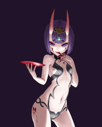 Rule 34 | 1girl, absurdres, bad id, bad pixiv id, bare arms, bare shoulders, blood, blood on face, blood on hands, blue background, breasts, commentary request, cowboy shot, cup, dark background, fangs, fate/grand order, fate (series), finger to mouth, highres, horns, kairopoda, looking at viewer, navel, oni, purple eyes, purple hair, revealing clothes, sakazuki, short hair, shuten douji (fate), simple background, skin-covered horns, small breasts, smile, solo, tongue, tongue out