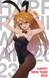 Rule 34 | 1girl, absurdres, armpits, bare shoulders, blue eyes, bow, bowtie, breasts, brown hair, chinese zodiac, cleavage, evangelion: 3.0+1.0 thrice upon a time, highres, leotard, long hair, medium breasts, neon genesis evangelion, playboy bunny, rebuild of evangelion, red bow, red bowtie, sasasa r 23, solo, souryuu asuka langley, teeth, topknot, two side up, upper teeth only, wide hips, year of the rabbit