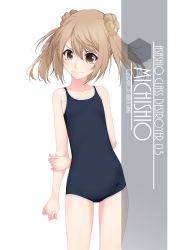 Rule 34 | 1girl, arms behind back, artist name, blue one-piece swimsuit, blush, brown eyes, character name, collarbone, cowboy shot, double bun, eyes visible through hair, flat chest, hair between eyes, hair bun, highres, inaba shiki, kantai collection, light brown hair, looking at viewer, michishio (kancolle), new school swimsuit, one-piece swimsuit, school swimsuit, short hair, short twintails, simple background, solo, standing, swimsuit, twintails, wavy mouth, white background