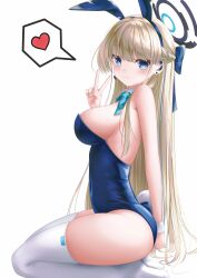 Rule 34 | 1girl, absurdres, animal ears, blonde hair, blue archive, blue eyes, blue hair, blue leotard, bow, bowtie, breasts, detached collar, fake animal ears, halo, heart, highres, large breasts, leotard, long hair, looking at viewer, multicolored hair, official alternate costume, playboy bunny, rabbit ears, shira jun, sitting, smile, solo, strapless, strapless leotard, streaked hair, thighhighs, thighs, toki (blue archive), toki (bunny) (blue archive), v, very long hair, wariza, white background, wrist cuffs