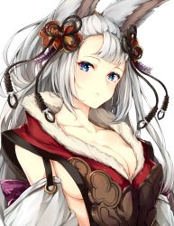 Rule 34 | 10s, 1girl, animal ears, blue eyes, blunt bangs, bow, breasts, cleavage, clothing cutout, collarbone, detached sleeves, erune, expressionless, flower, fur trim, granblue fantasy, hair flower, hair ornament, highres, long hair, looking at viewer, looking to the side, side cutout, sideboob, silver hair, societte (granblue fantasy), solo, upper body, watao