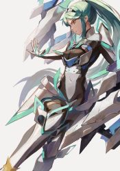 Rule 34 | 1girl, armor, breasts, covered navel, earrings, gloves, green eyes, green hair, highres, jewelry, large breasts, long hair, matching hair/eyes, nintendo, pneuma (xenoblade), ponytail, simple background, solo, spoilers, swept bangs, tiara, very long hair, vic (vedream), xenoblade chronicles (series), xenoblade chronicles 2