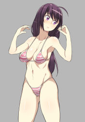 1girl bikini black_hair blush breasts cameltoe cleavage female_focus highres long_hair micro_bikini navel original purple_eyes solo standing striped_bikini striped_clothes swimsuit tennen0201