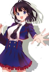 Rule 34 | 1girl, ahoge, black hair, blouse, blue eyes, blue jacket, blue skirt, blush, breasts, buttons, collared shirt, fate/requiem, fate (series), high-waist skirt, highres, hikono, jacket, large breasts, long sleeves, looking at viewer, medium hair, multicolored hair, necktie, open clothes, open jacket, open mouth, outstretched arm, pink hair, shirt, sidelocks, skirt, smile, solo, streaked hair, thighs, utsumi erice, utsumi erice (mission start), white shirt