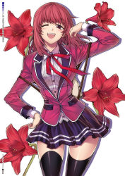 Rule 34 | 1girl, :d, ;d, backpack, bag, black thighhighs, blazer, blush, flower, hand on own hip, highres, hip focus, jacket, long hair, one eye closed, open mouth, park jae-kyung, red eyes, red hair, ribbon, school uniform, skirt, smile, solo, soo-hyon lee, thighhighs, unbalance unbalance, unbalance x unbalance, wink