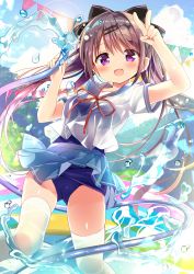 Rule 34 | 1girl, :d, anchor symbol, arm up, black bow, blue one-piece swimsuit, blue sailor collar, blue skirt, blush, bow, breasts, brown hair, commentary request, day, hair between eyes, hair bow, hair ornament, hairclip, highres, holding, hose, long hair, nagayama yuunon, neck ribbon, old school swimsuit, one-piece swimsuit, open mouth, original, outdoors, pennant, pleated skirt, purple eyes, red ribbon, ribbon, sailor collar, school swimsuit, school uniform, see-through, serafuku, shirt, short sleeves, skirt, small breasts, smile, solo, standing, string of flags, swimsuit, swimsuit under clothes, thighhighs, twintails, v, very long hair, wading pool, water, wet, wet clothes, wet shirt, white shirt, white thighhighs