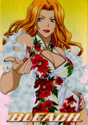 Rule 34 | 00s, 1girl, bleach, blue eyes, breasts, china dress, chinese clothes, cleavage, cleavage cutout, clothing cutout, dress, feather boa, feathers, fingernails, floral print, hand on own hip, highres, hip focus, large breasts, lipstick, long fingernails, long hair, makeup, matsumoto rangiku, mole, mole under mouth, nail art, nail polish, orange hair, red nails, solo