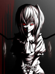 Rule 34 | 1girl, bad id, bad pixiv id, blood, bound, bound wrists, chain, crazy, creepy, evil grin, evil smile, female focus, flandre scarlet, glowing, glowing eyes, grin, high contrast, highres, horror (theme), izumi sai, monochrome, sharp teeth, side ponytail, smile, solo, spot color, teeth, tied up, touhou, v arms