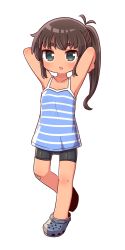 Rule 34 | 1girl, :o, armpits, arms up, bandaid, bandaid on knee, bandaid on leg, bare arms, bare shoulders, bike shorts, black shorts, blue camisole, blue footwear, blush, brown hair, camisole, child, crocs, full body, green eyes, highres, long hair, looking at viewer, naga u, original, parted lips, ponytail, short eyebrows, short shorts, shorts, simple background, solo, standing, standing on one leg, striped camisole, thick eyebrows, white background