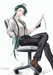Rule 34 | 1girl, absurdres, ahoge, boots, bright pupils, brown footwear, chair, collared shirt, commentary request, creatures (company), crossed legs, dimvally, game freak, gloves, green hair, hand in pocket, highres, holding, holding paper, long hair, looking down, necktie, nintendo, office chair, pants, paper, pokemon, pokemon sv, ponytail, red eyes, rika (pokemon), shirt, sitting, solo, suspenders, swivel chair, white background, white pupils