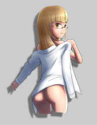 Rule 34 | 1girl, ass, blonde hair, blush, bottomless, closed mouth, glasses, grey background, highres, long hair, looking back, no panties, perrine h. clostermann, shiri chin, shirt, simple background, smile, solo, strike witches, white shirt, world witches series, yellow eyes