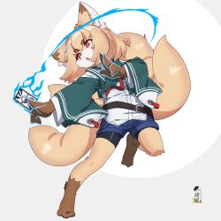 Rule 34 | 1girl, animal ear fluff, animal ears, between fingers, bike shorts, black shorts, blue shorts, card, commentary request, fox ears, fox girl, fox tail, full body, furry, furry female, grey background, highres, holding, holding card, indie virtual youtuber, kamiya ris, kitsune, kuro kosyou, long sleeves, looking away, looking to the side, parted lips, red eyes, shirt, short eyebrows, short shorts, shorts, shorts under shorts, solo, standing, standing on one leg, tail, thick eyebrows, two-tone background, virtual youtuber, white background, white shirt, wide sleeves, yin yang