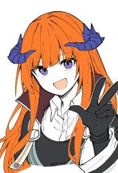 1girl :d arknights bagpipe_(arknights) black_gloves black_jacket black_vest blush collared_shirt colored_skin commentary_request curled_horns eyes_visible_through_hair flat_color gloves hand_up highres horns jacket long_hair long_sleeves makigirisu open_mouth orange_hair purple_eyes purple_horns shirt sidelocks simple_background sketch smile solo split_mouth vest w white_background white_shirt white_skin