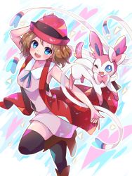Rule 34 | 1girl, black thighhighs, blue eyes, blue ribbon, blush, boots, breasts, brown footwear, brown hair, chaimo box, commentary request, creatures (company), eyelashes, game freak, gen 6 pokemon, hand on headwear, hat, highres, leg up, looking at viewer, nintendo, open mouth, pokemon, pokemon (anime), pokemon (creature), pokemon xy (anime), ribbon, serena (pokemon), short hair, sleeveless, sleeveless duster, smile, sylveon, teeth, thighhighs, tongue, upper teeth only