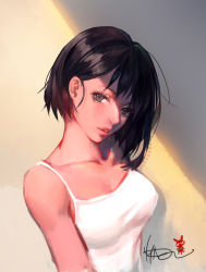 Rule 34 | 1girl, absurdres, breasts, brown eyes, brown hair, commentary, closed eyes, highres, lips, looking at viewer, medium breasts, original, parted lips, shirt, short hair, signature, solo, tank top, upper body, white shirt, yeonjun park