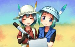 Rule 34 | 10s, 2girls, :d, ^ ^, aqua hair, backpack, bag, black gloves, black shirt, blouse, blue eyes, blue hat, blue vest, blunt bangs, blurry, blurry background, closed eyes, commentary, commentary request, elbow gloves, gloves, green hair, hat, hat feather, heterochromia, kaban (kemono friends), kemono friends, kemono friends 2, kyururu (kemono friends), marker, multiple girls, open mouth, oversized object, red shirt, shirt, short hair, short sleeves, signature, sketchbook, smile, vest, welt (kinsei koutenkyoku), white hat