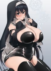 Rule 34 | 1girl, 96nokimihito, absurdres, asatoke sarasa, black hair, black leotard, black nails, black thighhighs, blush, breasts, cleavage, commentary, crossed bangs, detached collar, detached sleeves, gradient background, grey eyes, habit, hands up, highres, huge breasts, indie virtual youtuber, jewelry, leotard, long hair, long sleeves, looking at viewer, mole, mole under eye, nail polish, necklace, open mouth, shiny clothes, shiny legwear, sleeveless, snowflakes, solo, symbol-only commentary, thighhighs, thighs, very long hair, virtual youtuber, wide sleeves