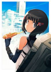 Rule 34 | 1girl, bad id, bad pixiv id, bare shoulders, black eyes, black hair, cheese trail, detached sleeves, eating, fingerless gloves, food, gloves, hair ornament, hairclip, ika, lin lee koo, looking at viewer, looking back, nintendo, pizza, scenery, short hair, solo, xenoblade chronicles (series), xenoblade chronicles x