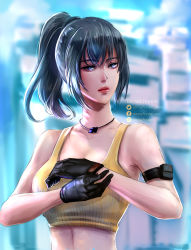 Rule 34 | 1girl, armlet, bare shoulders, blue eyes, blue hair, dog tags, gloves, ikari warriors, leona heidern, military, ponytail, pouch, sleeveless, snowfredel arme, solo, tank top, the king of fighters, the king of fighters xiv, the king of fighters xv, watermark, web address, yellow tank top