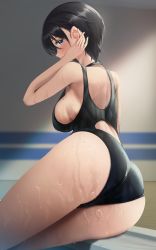 Rule 34 | 1girl, absurdres, amane sora, arm support, ass, back, bare arms, bare legs, black hair, black one-piece swimsuit, blue eyes, blurry, blurry background, blush, breasts, competition swimsuit, covered mouth, from side, tucking hair, hand up, highres, large breasts, looking at viewer, mole, mole on breast, one-piece swimsuit, original, short hair, sideboob, sidelocks, sitting, solo, swimsuit, thighs, wet