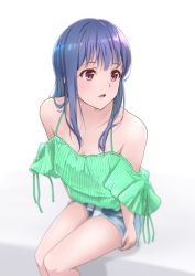 Rule 34 | 1girl, bare shoulders, blue hair, blush, breasts, camisole, cleavage, collarbone, denim, denim shorts, green camisole, hibike! euphonium, highres, leaning forward, long hair, looking to the side, matebashi, open mouth, red eyes, shorts, simple background, sitting, solo, spaghetti strap, white background, yoroizuka mizore
