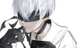 Rule 34 | 1boy, absurdres, bishounen, black blindfold, black box, black gloves, blindfold, close-up, gloves, highres, male focus, nier:automata, nier (series), short hair, sketch, solo, unfinished, user nwkw7427, white background, 9s (nier:automata)