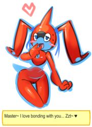 Rule 34 | 1girl, blue eyes, blush, blush stickers, colored skin, creatures (company), elpatrixf, english text, female focus, flat chest, game freak, gen 4 pokemon, half-closed eyes, hand to own mouth, hand up, heart, horns, looking at viewer, nintendo, nipples, no humans, nude, open mouth, personification, pokemon, pokemon (creature), pokemon sm, red hair, red skin, rotom, rotom dex, shiny skin, simple background, single horn, smile, solo, spoken heart, tail, talking, text focus, thigh gap, twintails, uncensored, white background
