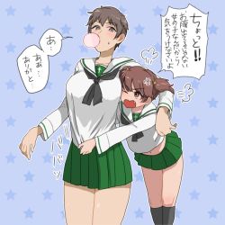 Rule 34 | 2girls, puff of air, alisa (girls und panzer), anger vein, arm around neck, bad id, bad pixiv id, black neckerchief, black socks, blouse, blue background, brown eyes, brown hair, blowing bubbles, chewing gum, fang, freckles, frown, girls und panzer, green skirt, hair ornament, hao (udon), kneehighs, long sleeves, looking at another, looking at viewer, midriff, miniskirt, multiple girls, naomi (girls und panzer), navel, neckerchief, one eye closed, ooarai school uniform, open mouth, pleated skirt, school uniform, serafuku, shirt, shirt tug, short hair, short twintails, skirt, socks, standing, star (symbol), star hair ornament, starry background, sweatdrop, translated, twintails, v-shaped eyebrows, very short hair, white shirt