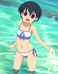 Rule 34 | 1girl, :d, bare shoulders, bikini, brown eyes, child, collarbone, female focus, flat chest, looking at viewer, navel, open mouth, shiny skin, short hair, side-tie bikini bottom, smile, solo, standing, striped bikini, striped clothes, sunson, swimsuit, wading, water