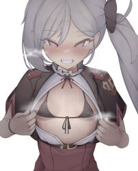 Rule 34 | 1girl, absurdres, asymmetrical sidelocks, bikini, bikini under clothes, blue archive, blush, breasts, commentary, front-tie bikini top, front-tie top, grey hair, grin, heavy breathing, high-waist skirt, highres, long hair, looking at viewer, micro bikini, mutsuki (blue archive), narrowed eyes, nose blush, open clothes, open shirt, opened by self, pink eyes, pointy ears, re:ia, red skirt, shirt, short sleeves, shrug (clothing), side ponytail, skirt, small breasts, smile, solo, steaming body, sweat, swimsuit, teeth, white shirt, wristband
