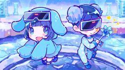 Rule 34 | 1boy, 1girl, animal hood, blue background, blue eyes, blue hair, blue hoodie, blue theme, blunt bangs, bun cover, character request, chibi, closed mouth, commentary request, double bun, fang, full body, goggles, goggles on head, hair bun, highres, holding, holding wand, hood, hood up, hoodie, indie utaite, kiato, long sleeves, looking at viewer, neko hacker, open mouth, short hair, skin fang, smile, snowflakes, standing, standing on one leg, star (symbol), ugoku-chan, utaite, wand