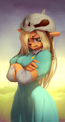 Rule 34 | 1girl, adventure time, angry, animal ears, bandages, blonde hair, blue dress, body fur, breasts, bronwyn, brown eyes, clenched teeth, cowboy shot, crossed arms, day, derekireba, dog ears, dog girl, dress, facing viewer, furry, furry female, green dress, headgear, helmet, highres, lightning bolt symbol, long hair, looking at viewer, outdoors, puffy short sleeves, puffy sleeves, short sleeves, skull, skull helmet, small breasts, snout, solo, standing, teeth