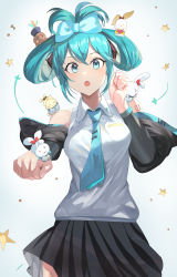 Rule 34 | 1girl, absurdres, bare shoulders, black skirt, black sleeves, blue bow, blue eyes, blue hair, blue necktie, bow, breasts, cinnamiku, clenched hands, collared shirt, commentary request, detached sleeves, ear bow, grey background, hair bow, hair rings, hatsune miku, highres, long sleeves, looking at viewer, medium breasts, mosta (lo1777789), necktie, open mouth, outstretched arm, pleated skirt, sanrio, shirt, skirt, sleeveless, sleeveless shirt, star (symbol), tie clip, white shirt, wide sleeves