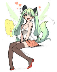 Rule 34 | 1girl, :d, alternate costume, animal ears, babuixxx, black thighhighs, camisole, fang, frey (rune factory), green eyes, green hair, harvest moon, long hair, matching hair/eyes, mochizuki anko, open mouth, rune factory, rune factory 4, sketch, skirt, smile, solo, tail, thighhighs, twintails