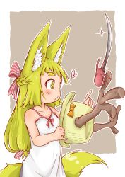 Rule 34 | 1girl, :3, absurdres, animal ears, antlers, bare arms, bare shoulders, blade, blonde hair, bow, braid, commentary request, doitsuken, dress, fox child (doitsuken), fox ears, fox tail, french braid, grey background, heart, highres, horns, long hair, low-tied long hair, orange bow, original, rhinoceros ears, simple background, solo, sparkle, tail, white dress, yellow eyes